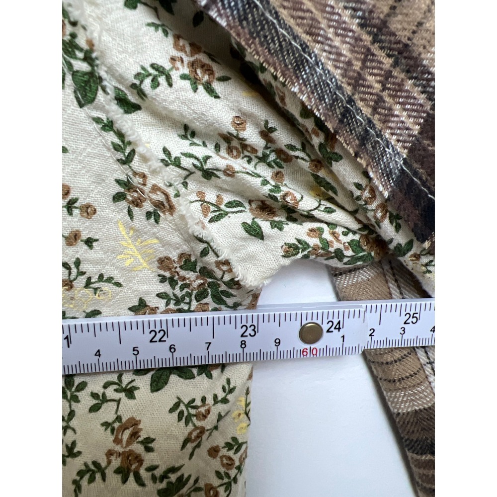 POL Mixed Media Plaid Floral Button Down Shirt Brown Womens S Baloon Sleeve Boho - Picture 5 of 10